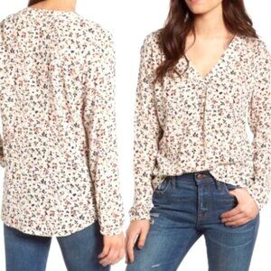 Nordstrom,  Hinge "Ivory Eggnog" Bird Leaf Print Top M #231M
